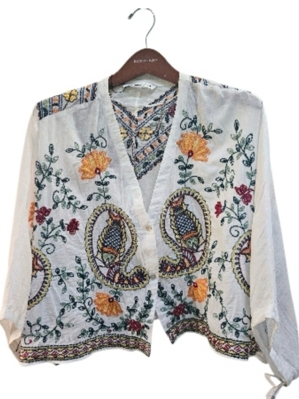 Zara Women's Embroidered Floral Kimono Crop Top Size XL White Boho Cottage - Picture 2 of 11